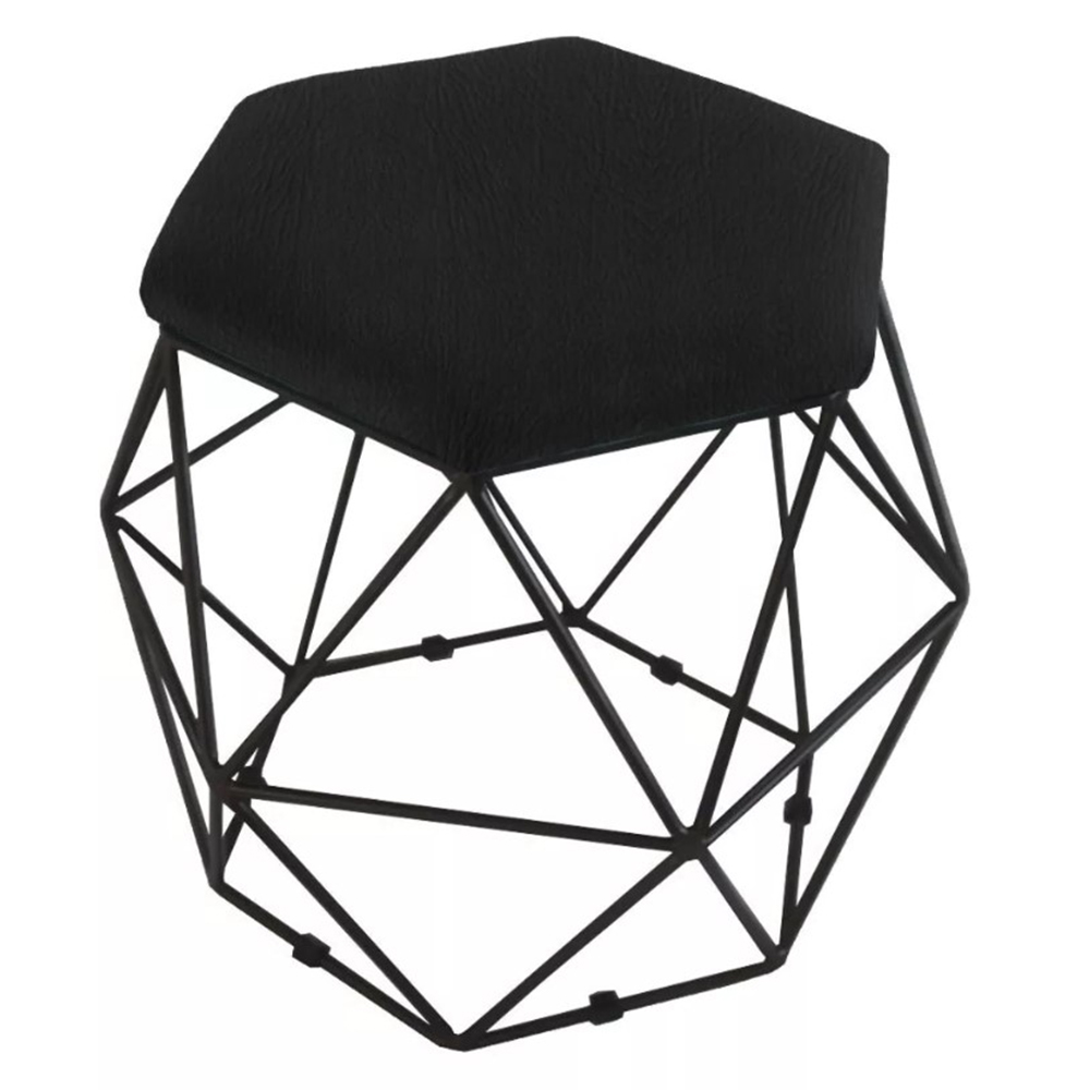 Puff Aramado Preto Assento Hexagonal Suede Preto - DS Estofados