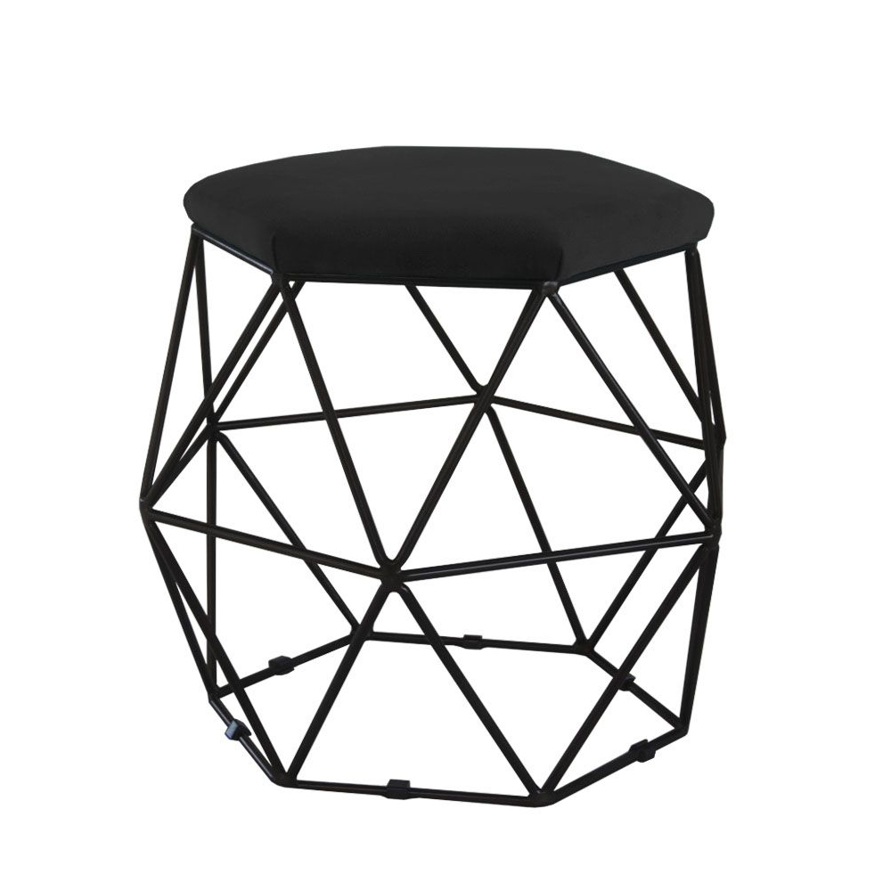 Puff Aramado Preto Assento Hexagonal Suede Preto - DS Estofados