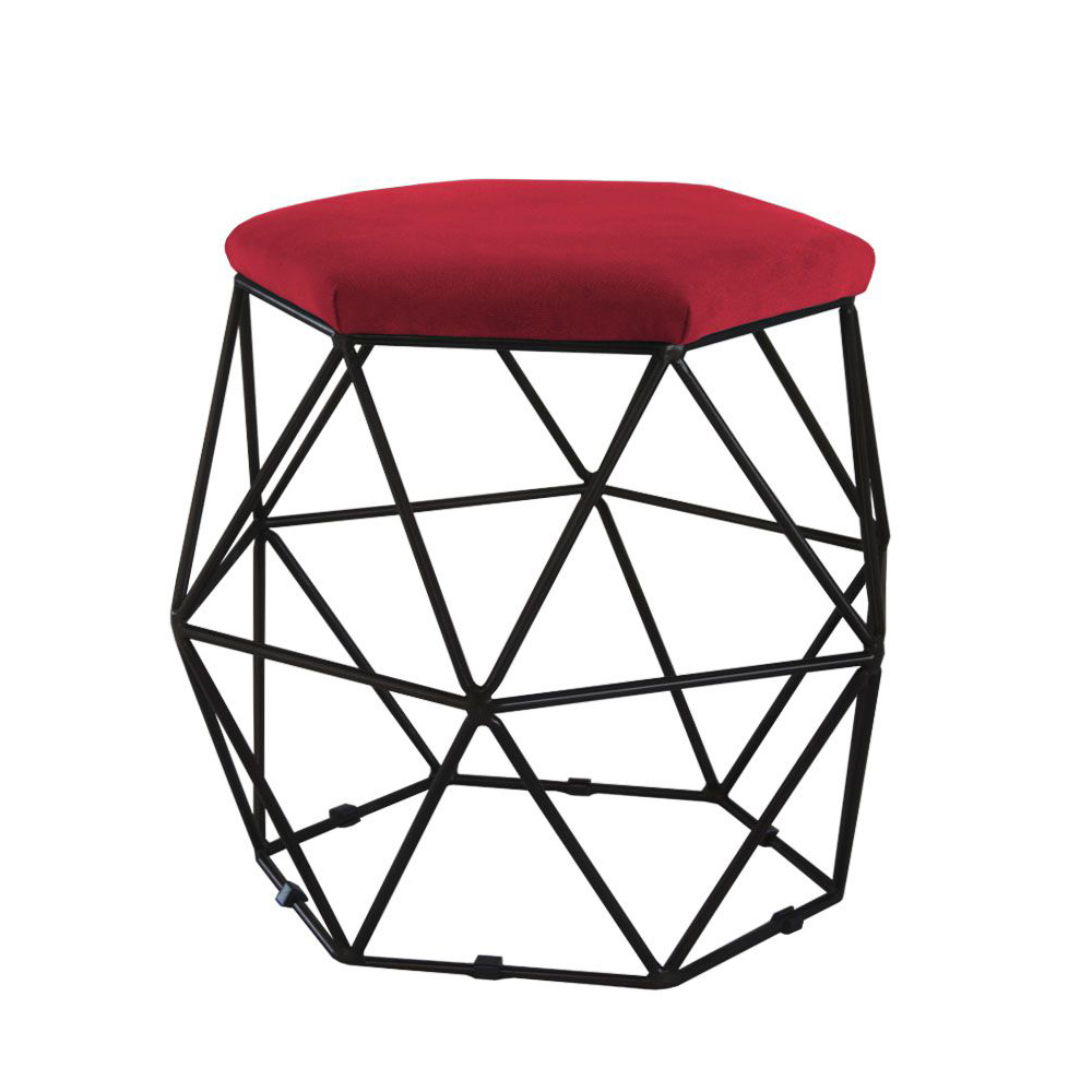 Puff Aramado Preto Assento Hexagonal Suede Vermelho - DS Estofados