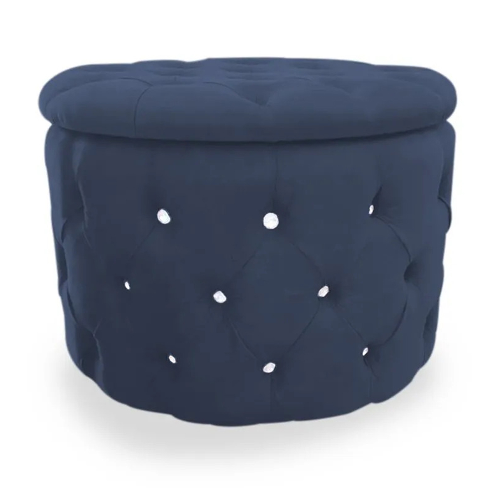 Puff Redondo Clássico Capitonê Suede Azul Marinho - DS Estofados