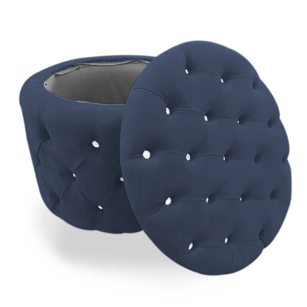 Puff Redondo Clássico Capitonê Suede Azul Marinho - DS Estofados