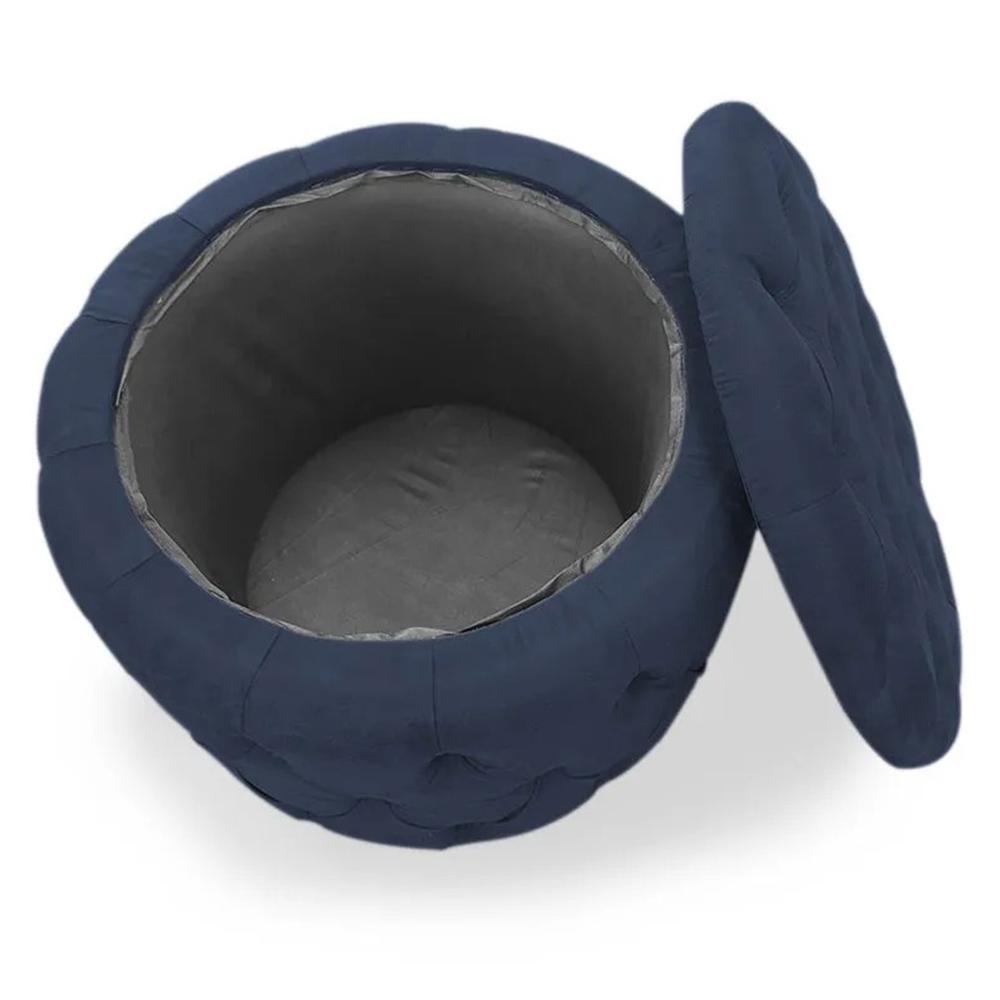 Puff Redondo Clássico Capitonê Suede Azul Marinho - DS Estofados