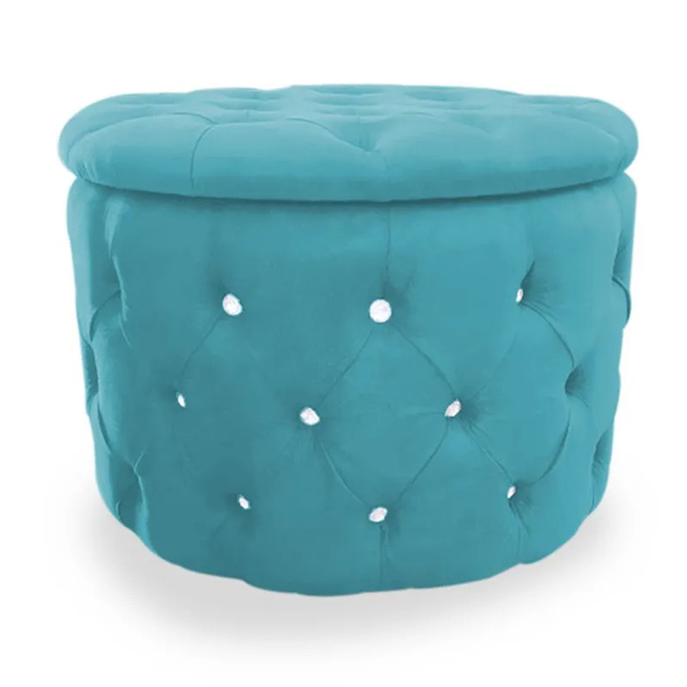 Puff Redondo Clássico Capitonê Suede Azul Turquesa - DS Estofados