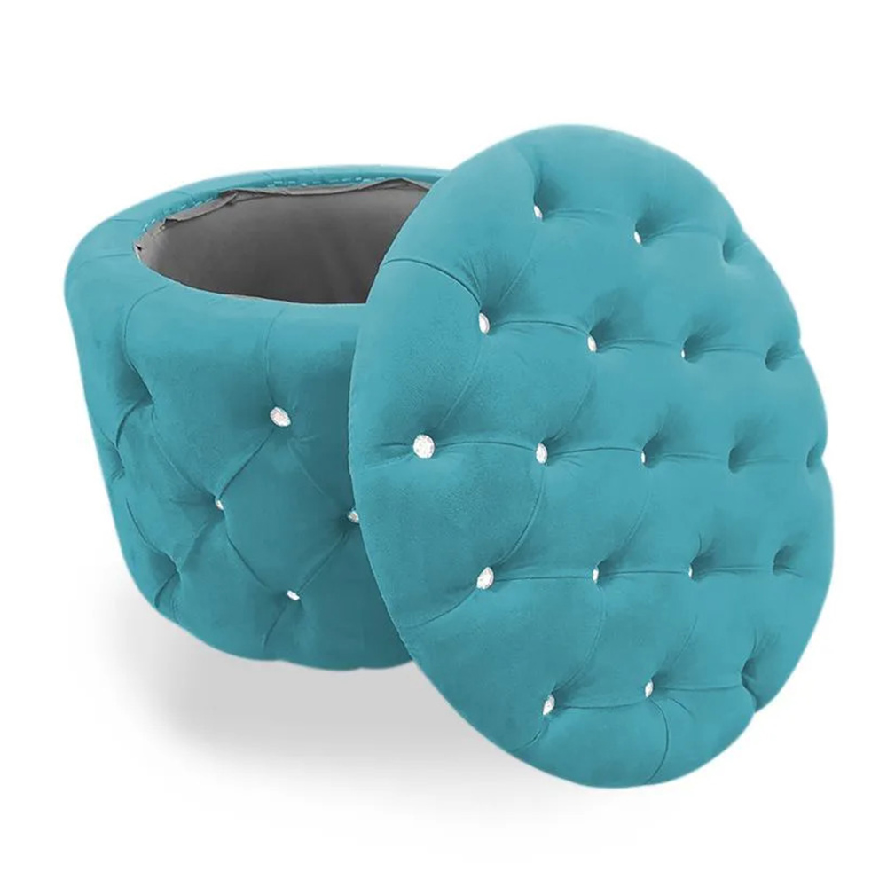 Puff Redondo Clássico Capitonê Suede Azul Turquesa - DS Estofados