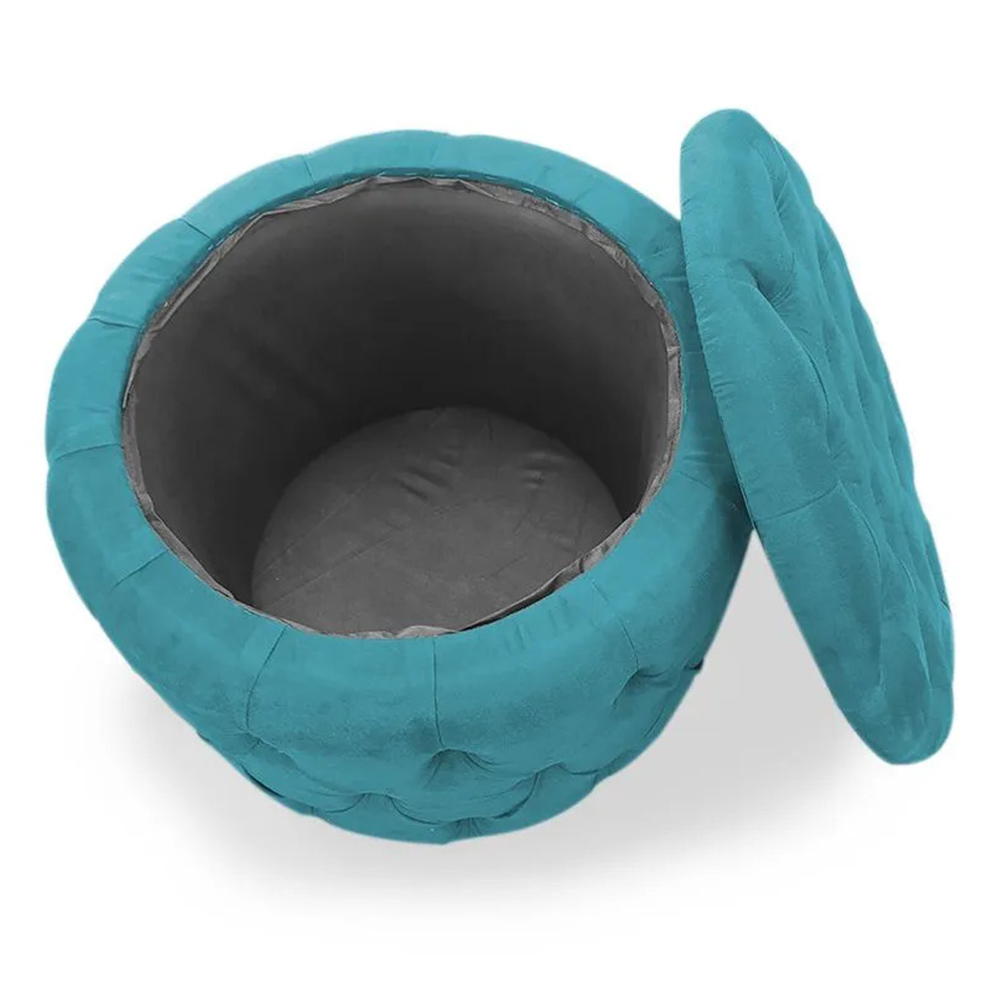 Puff Redondo Clássico Capitonê Suede Azul Turquesa - DS Estofados