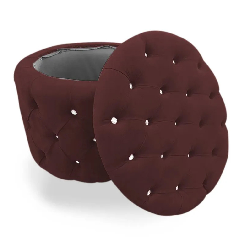 Puff Redondo Clássico Capitonê Suede Bordô - DS Estofados