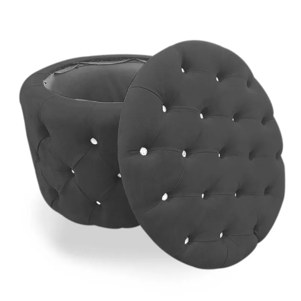 Puff Redondo Clássico Capitonê Suede Preto - DS Estofados
