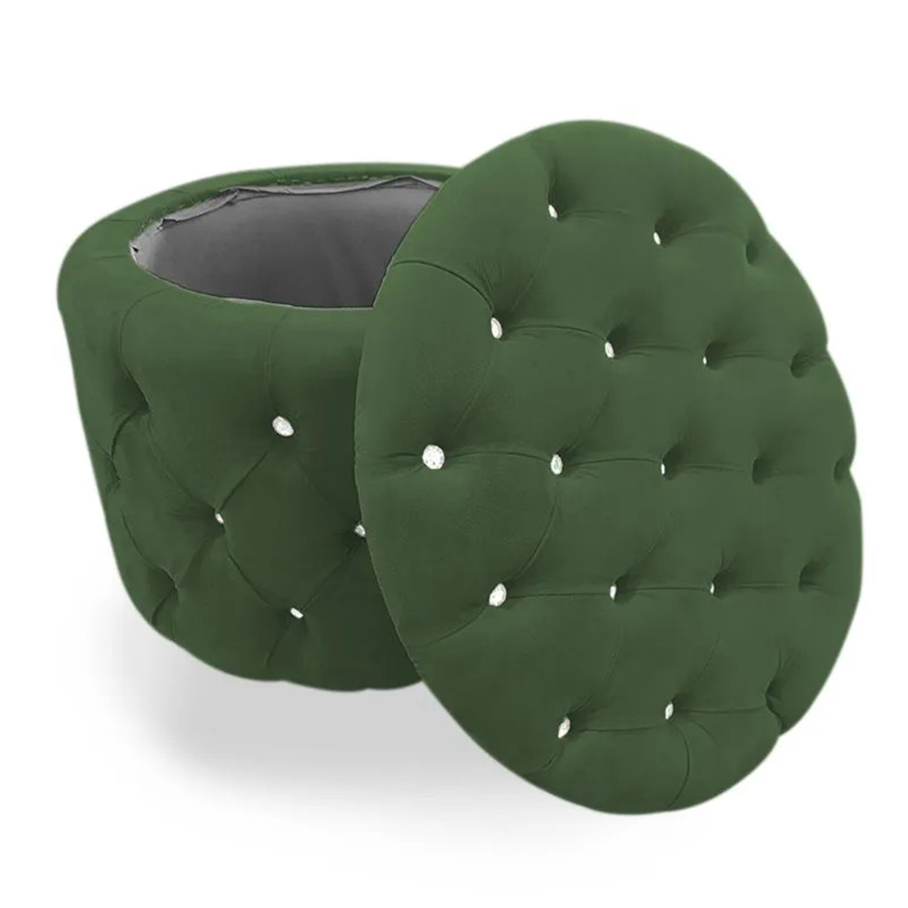 Puff Redondo Clássico Capitonê Suede Verde - DS Estofados