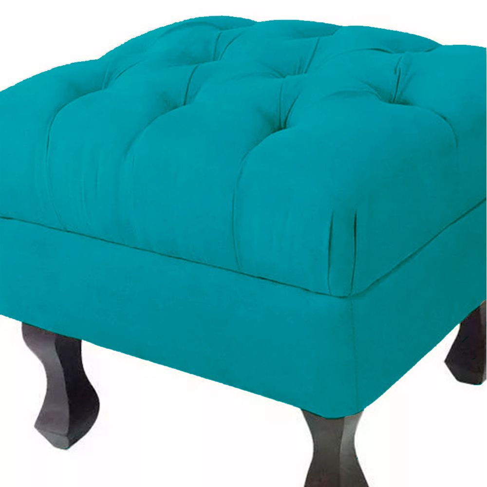 Puff Retrô Fixo Luis Xv Capitonê Suede Azul Turquesa - DS Estofados