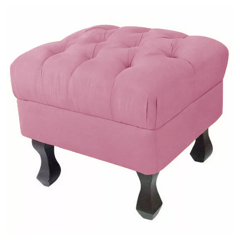 Puff Retrô Fixo Luis Xv Capitonê Suede Rosa