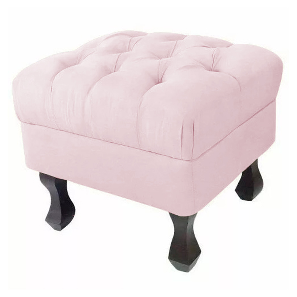 Puff Retrô Fixo Luis Xv Capitonê Suede Rosa Bebê
