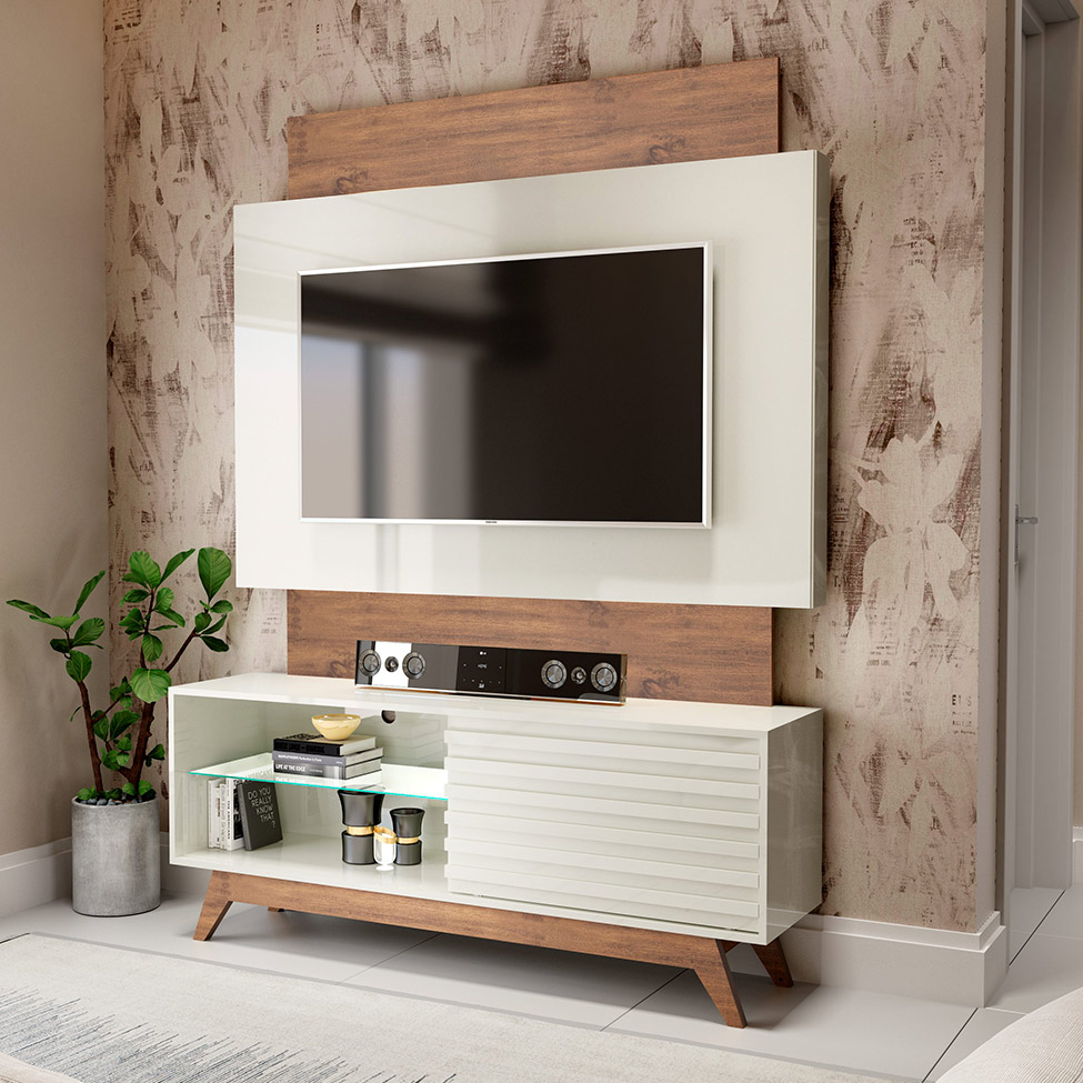 Estante para Home Theater e TV 55 Polegadas San Polo Off White e Madeira
