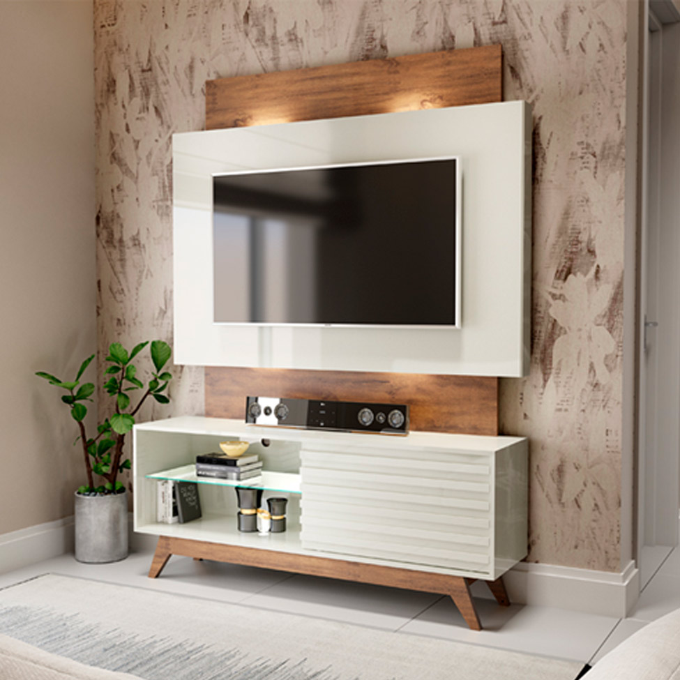 Estante para Home Theater e TV 55 Polegadas com Led San Polo Off White e Madeira