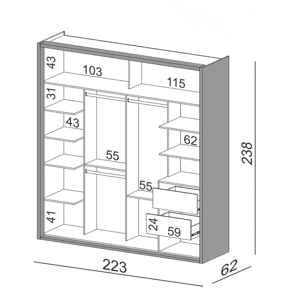 Guarda Roupa Casal com Espelho 223cm 2 Portas 100% MDF TW602E Off White - Dalla Costa