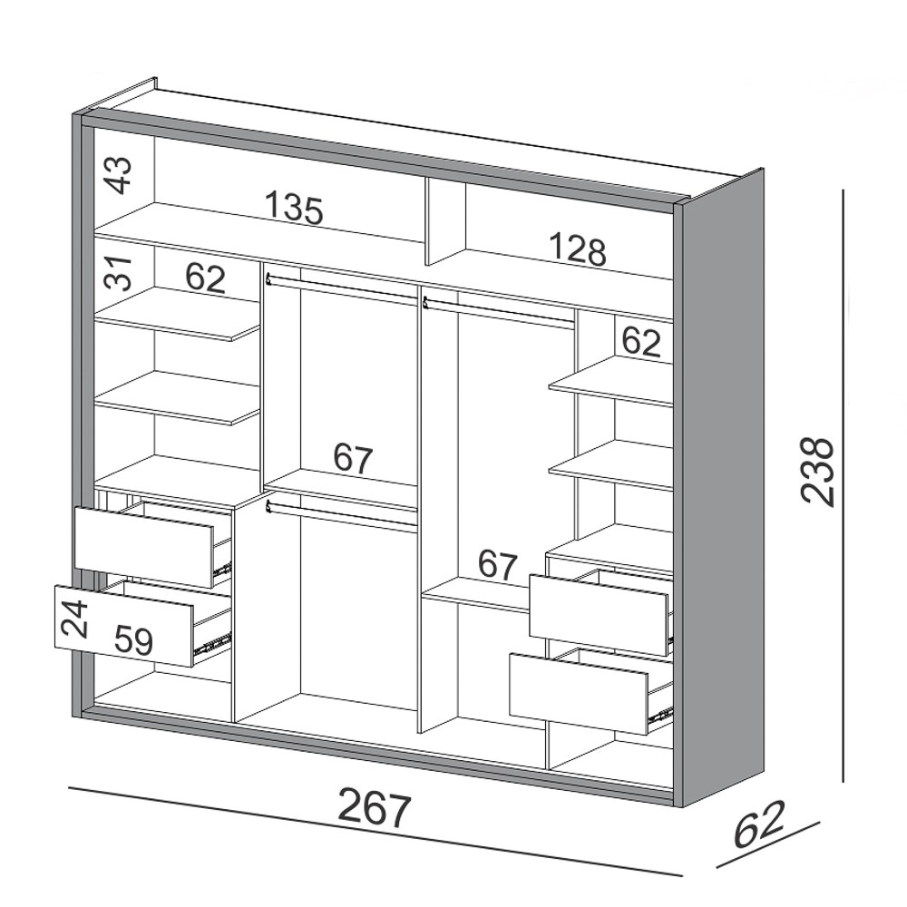 Guarda Roupa Casal com Espelho 267cm 2 Portas 100% MDF TW603E Off White - Dalla Costa