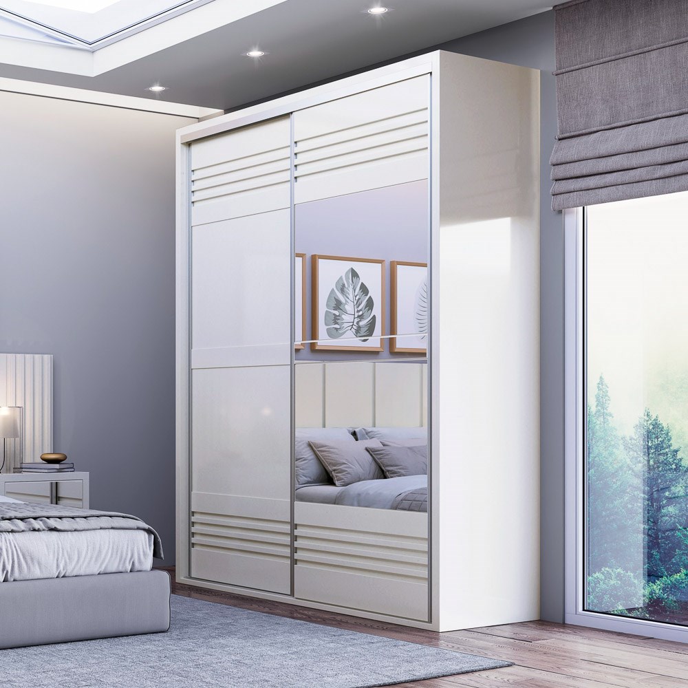 Guarda Roupa Solteiro com Espelho 179cm 2 Portas 100% MDF TW601E Off White - Dalla Costa
