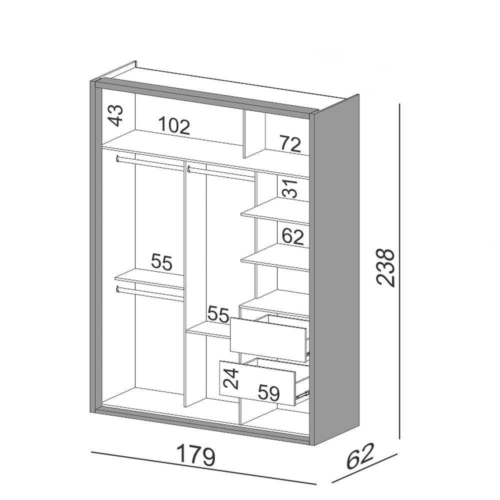 Guarda Roupa Solteiro com Espelho 179cm 2 Portas 100% MDF TW601E Off White - Dalla Costa