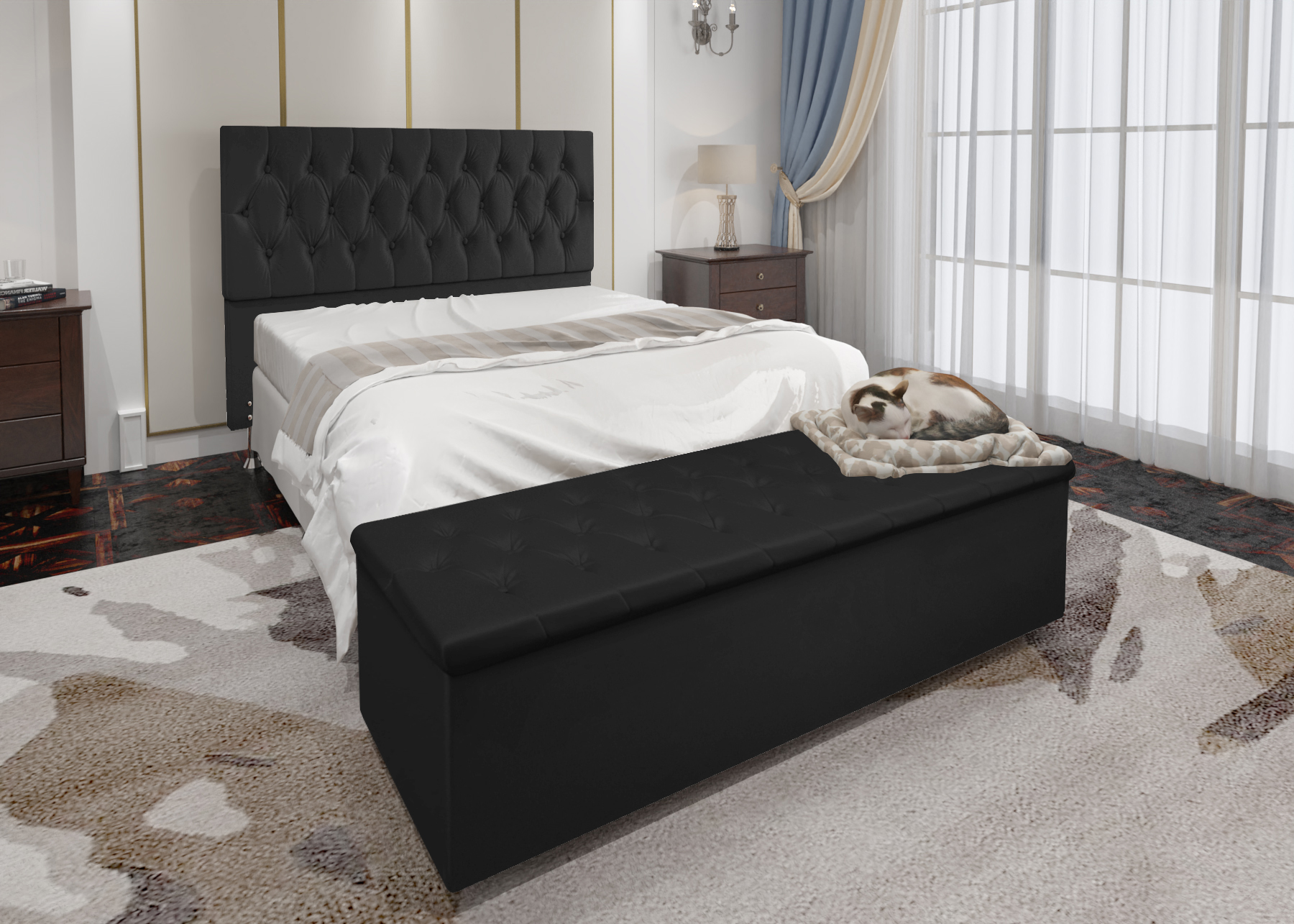 Conjunto Cabeceira Casal e Recamier Baú 1,40m Madrid Suede Preto Dal Poz Estofados