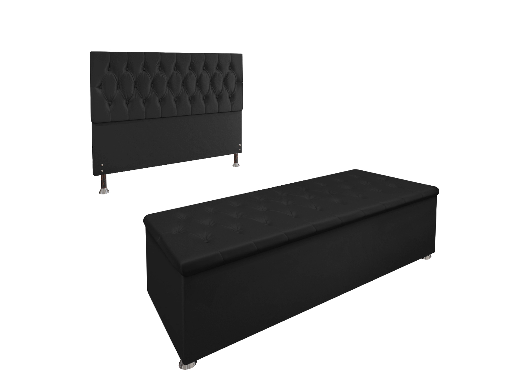 Conjunto Cabeceira Casal e Recamier Baú 1,40m Madrid Suede Preto Dal Poz Estofados