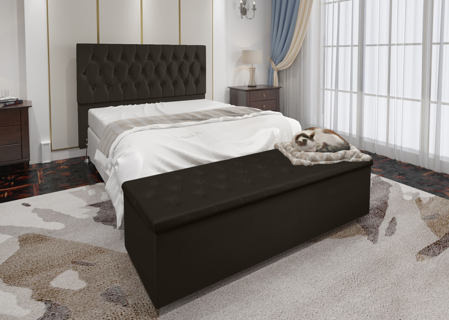 Conjunto Cabeceira Casal e Recamier Baú 1,60m Madrid Suede Marrom Dal Poz Estofados