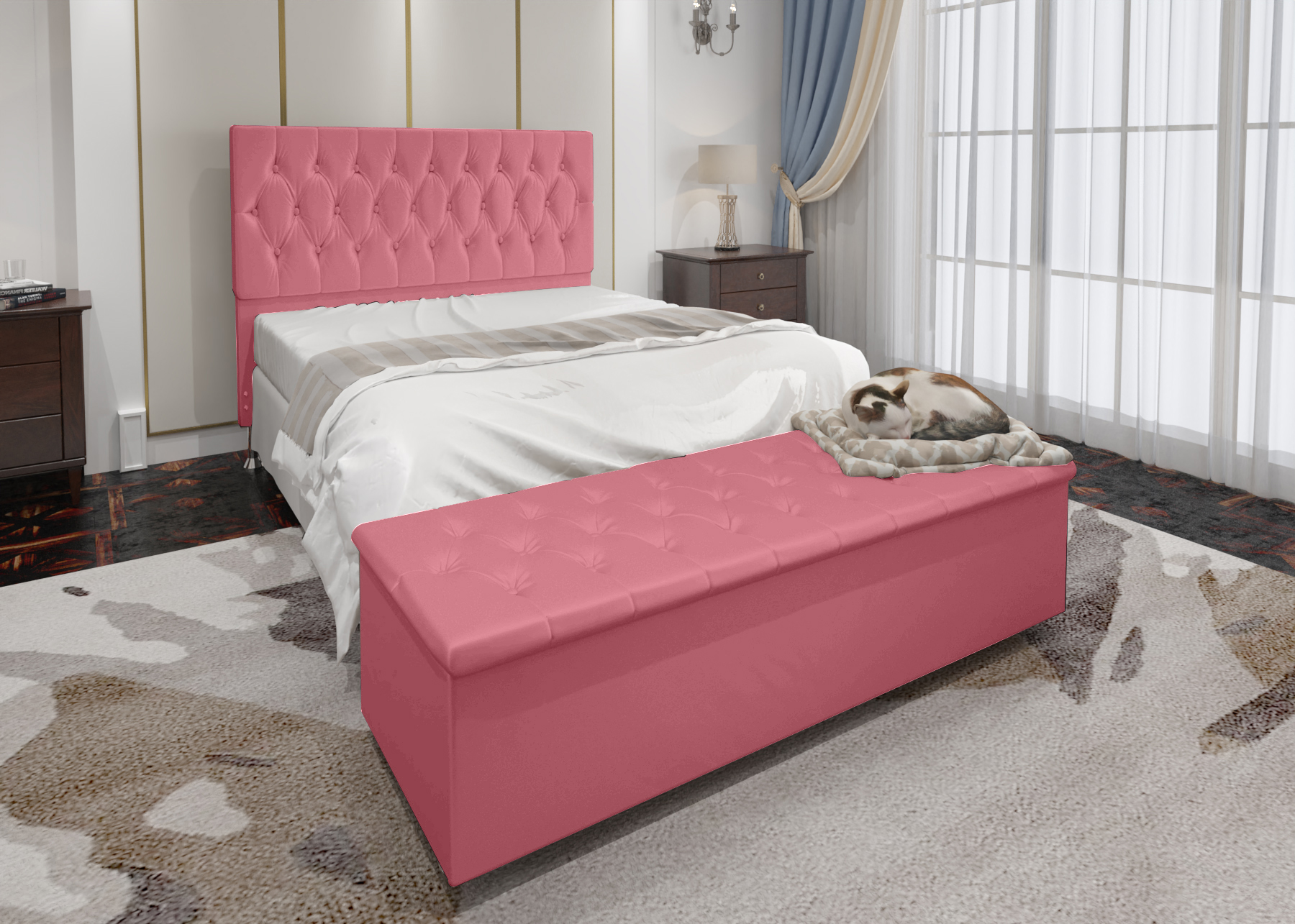 Conjunto Cabeceira Casal e Recamier Baú 1,60m Madrid Suede Rosa Dal Poz Estofados