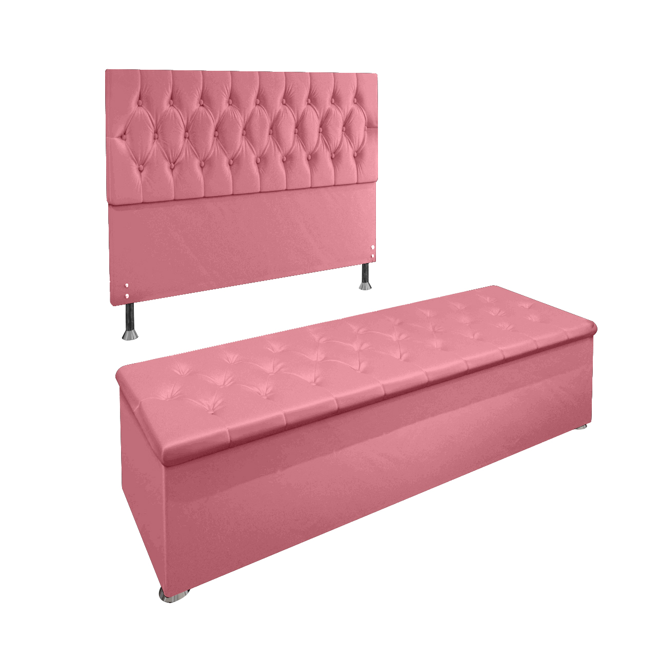 Conjunto Cabeceira Casal e Recamier Baú 1,60m Madrid Suede Rosa Dal Poz Estofados
