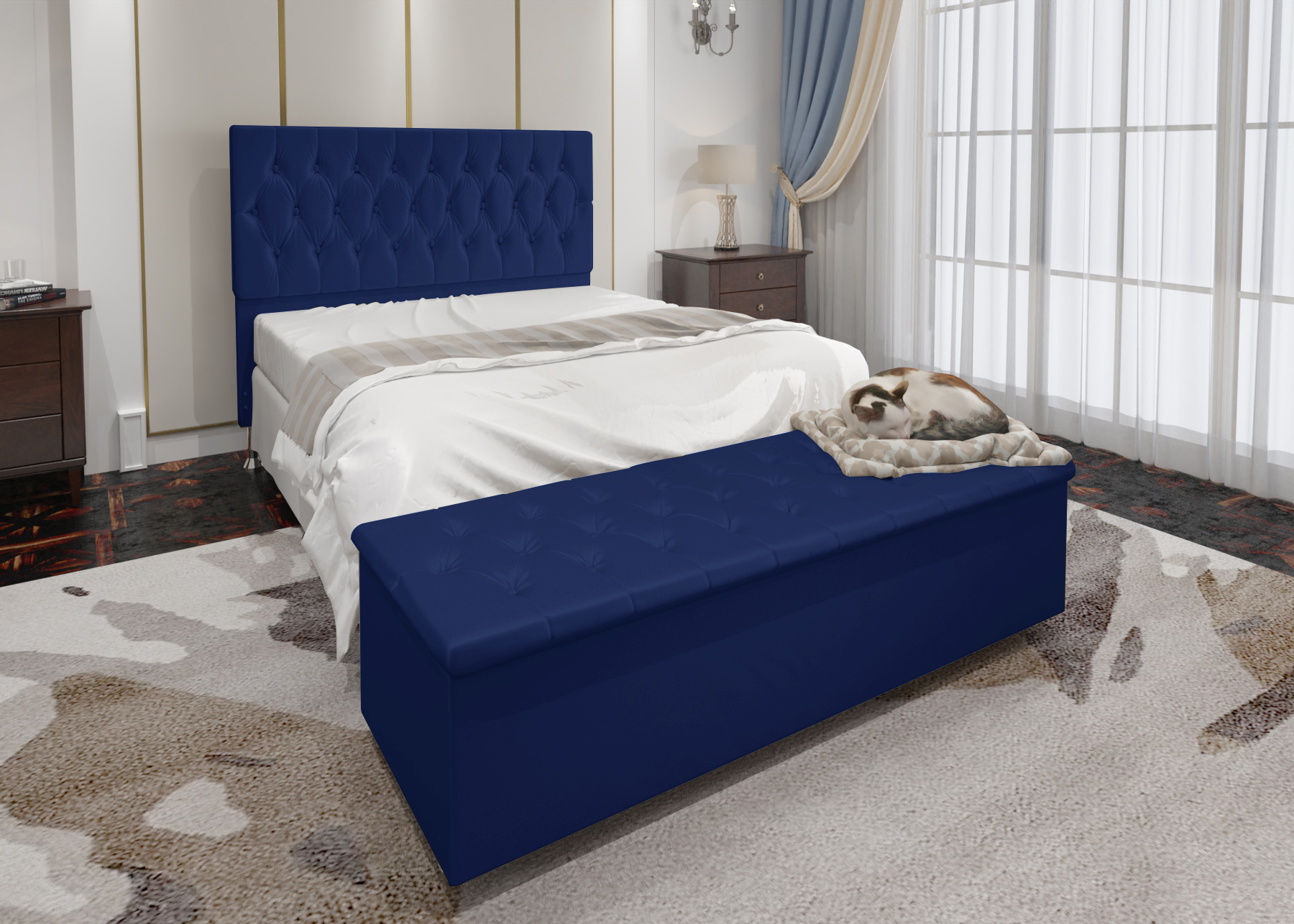 Conjunto Cabeceira Casal e Recamier Baú 1,95m Madrid Suede Azul Marinho Dal Poz Estofados