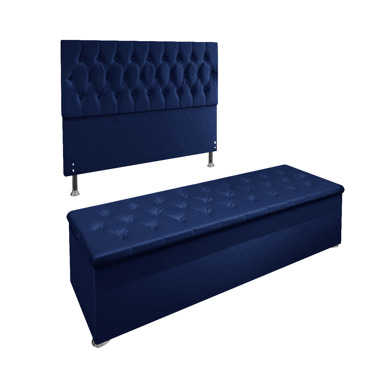 Conjunto Cabeceira Casal e Recamier Baú 1,95m Madrid Suede Azul Marinho Dal Poz Estofados