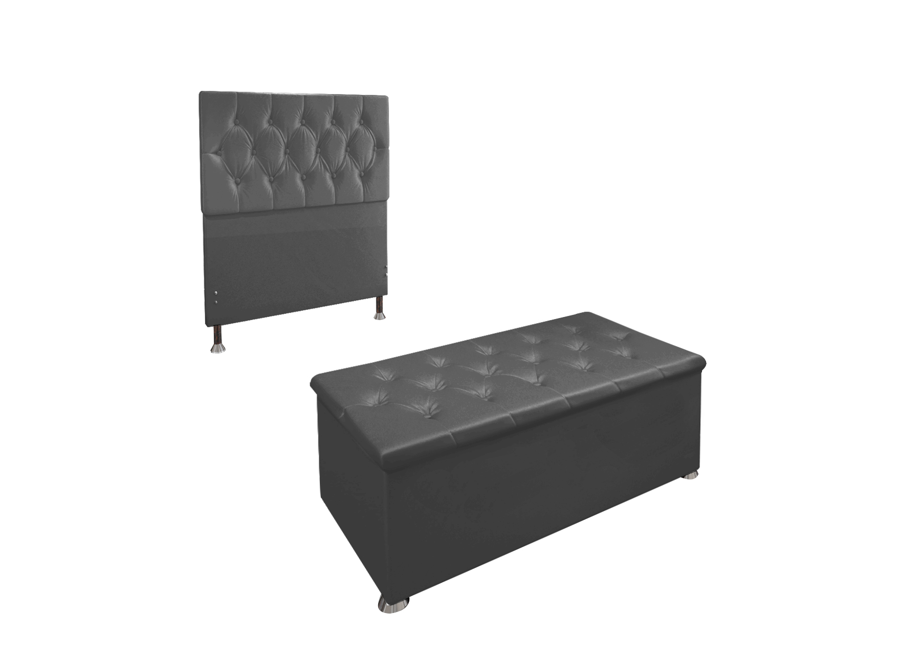 Conjunto Cabeceira Solteiro e Recamier Baú 0,90m Madrid Suede Cinza Dal Poz Estofados