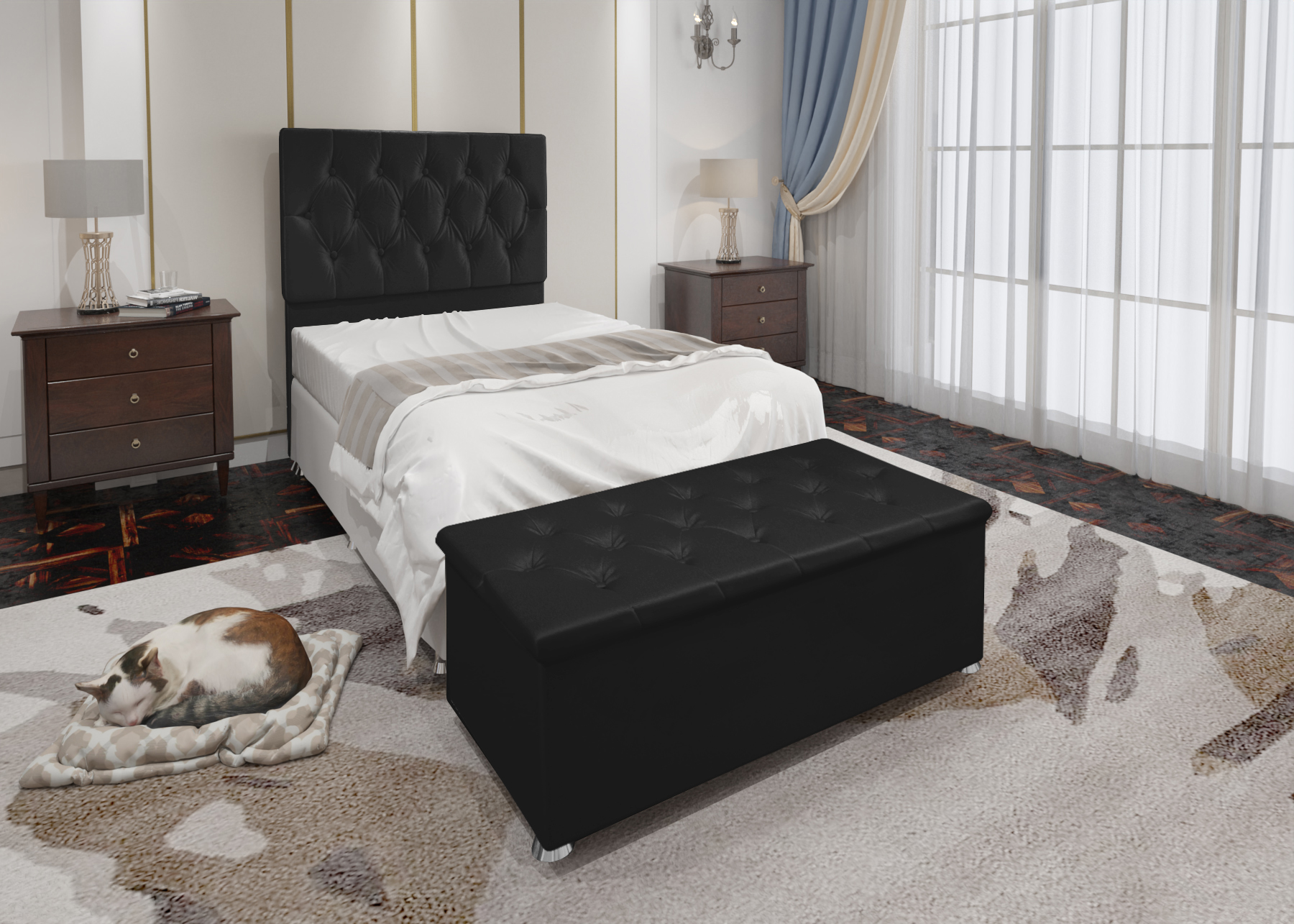Conjunto Cabeceira Solteiro e Recamier Baú 0,90m Madrid Suede Preto Dal Poz Estofados