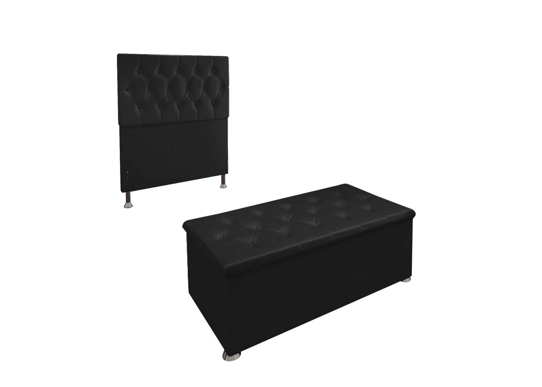 Conjunto Cabeceira Solteiro e Recamier Baú 0,90m Madrid Suede Preto Dal Poz Estofados