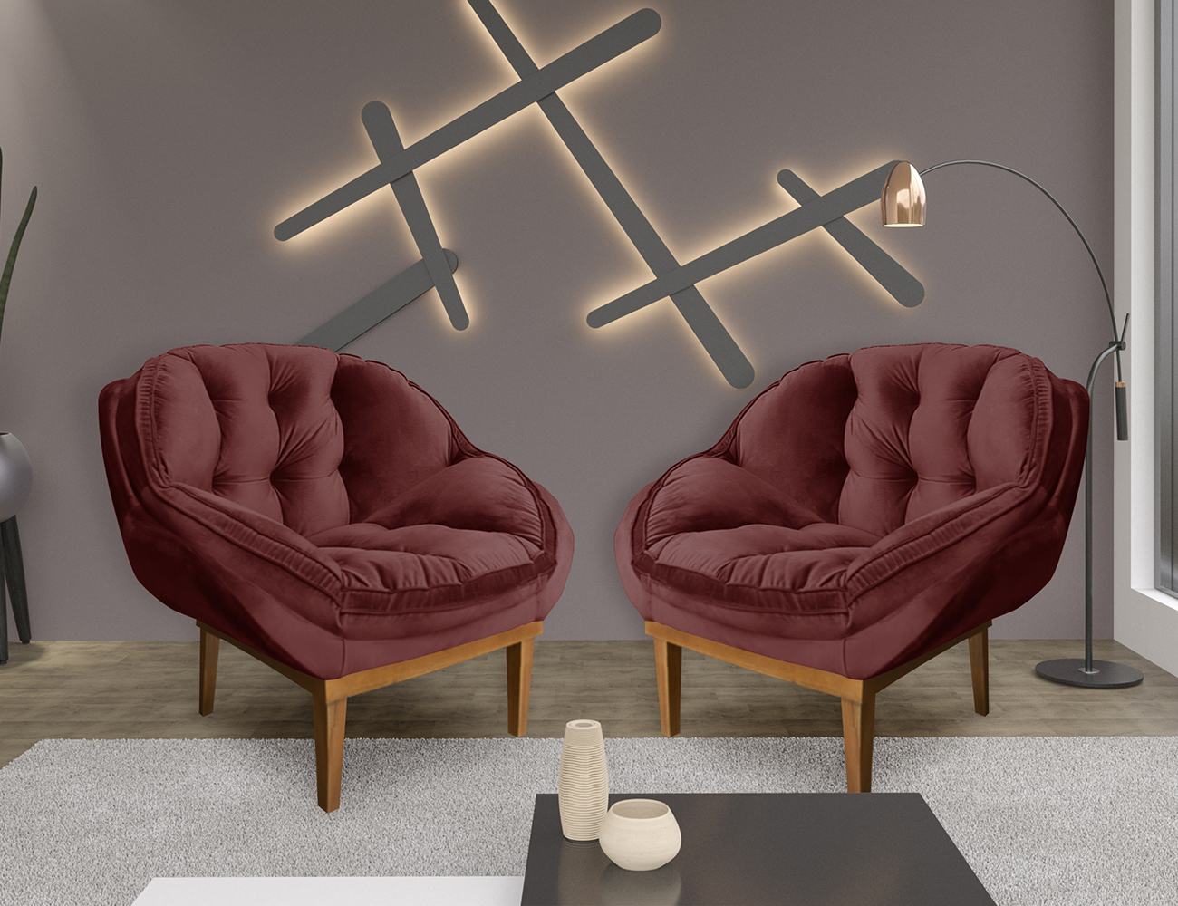 Kit 2 Poltronas Decorativa Marcela Veludo Marsala Dal Poz Estofados