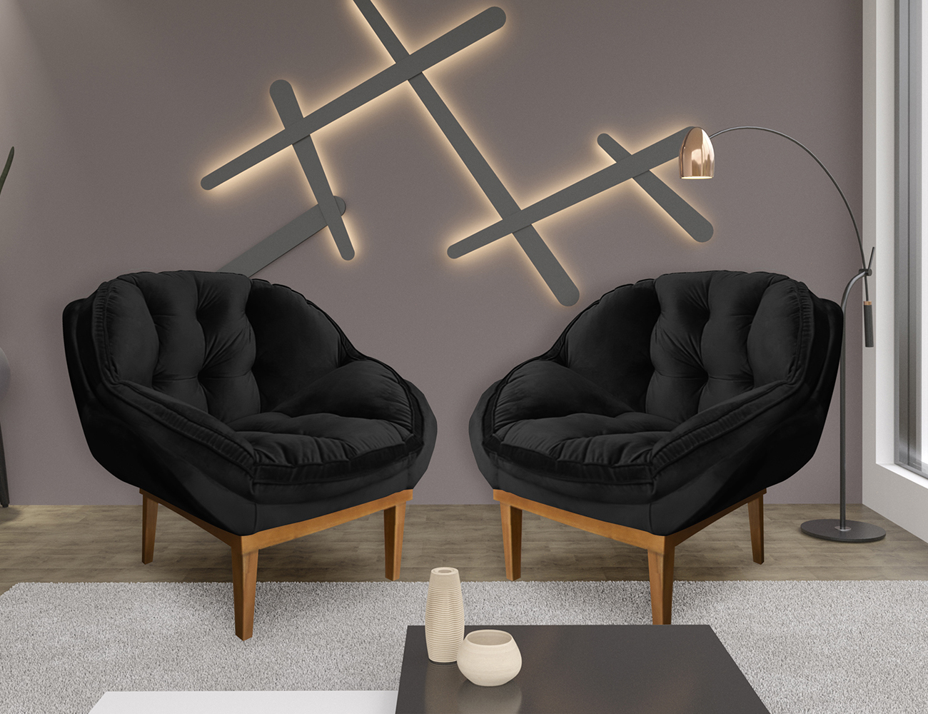 Kit 2 Poltronas Decorativa Marcela Veludo Preto Dal Poz Estofados
