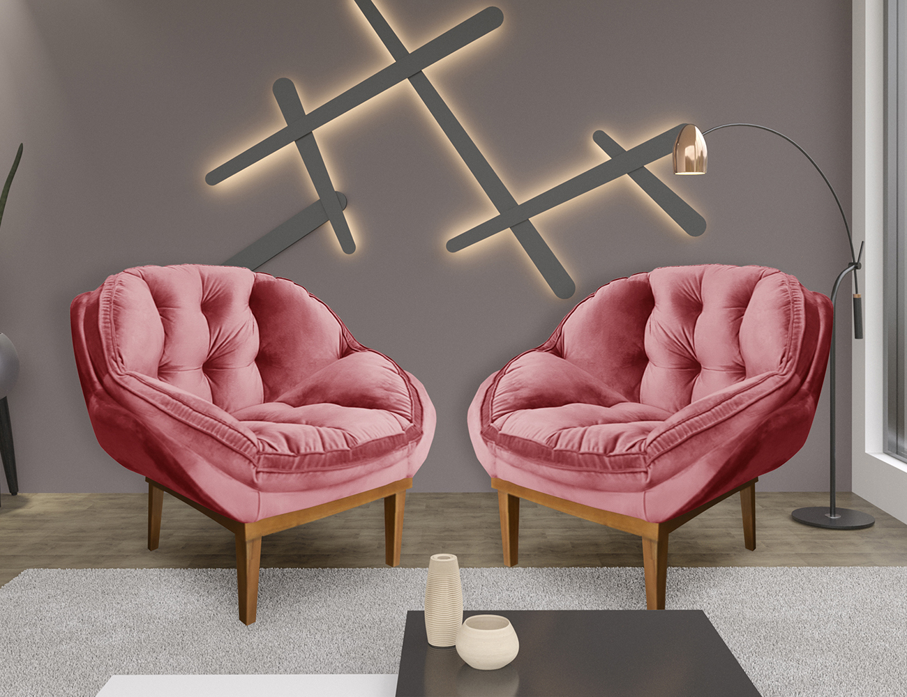 Kit 2 Poltronas Decorativa Marcela Veludo Rosa Dal Poz Estofados
