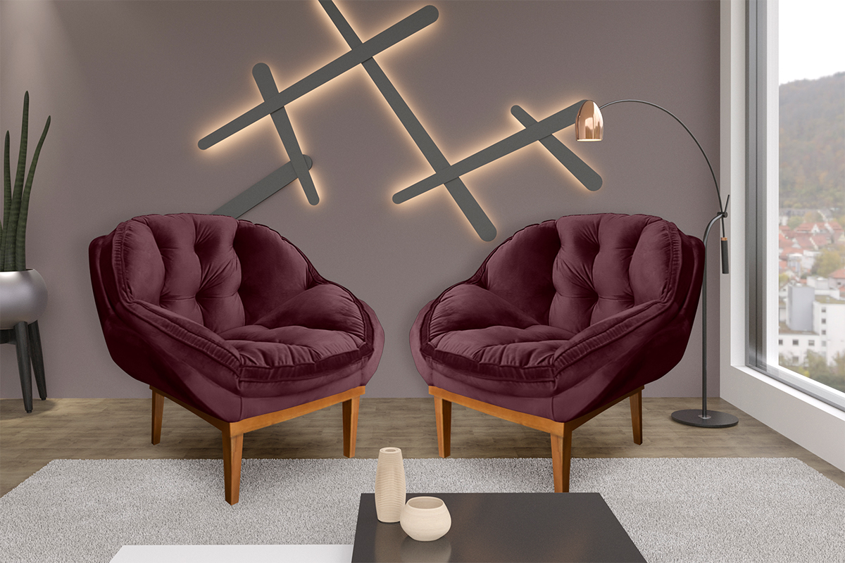 Kit 2 Poltronas Decorativa Marcela Veludo Vinho Dal Poz Estofados