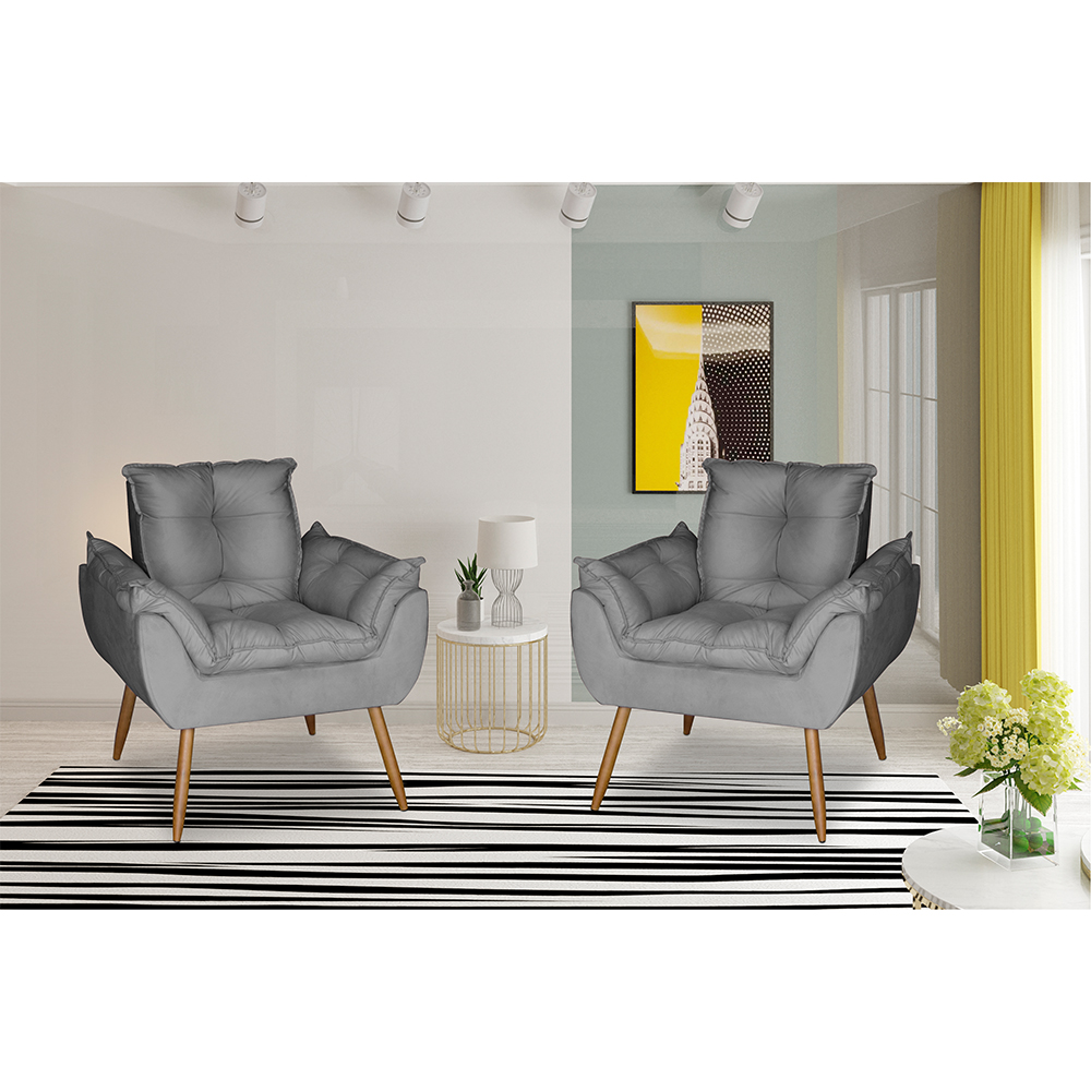 Kit 2 Poltronas Opala Decorativa Suede Cinza Dal Poz Estofados