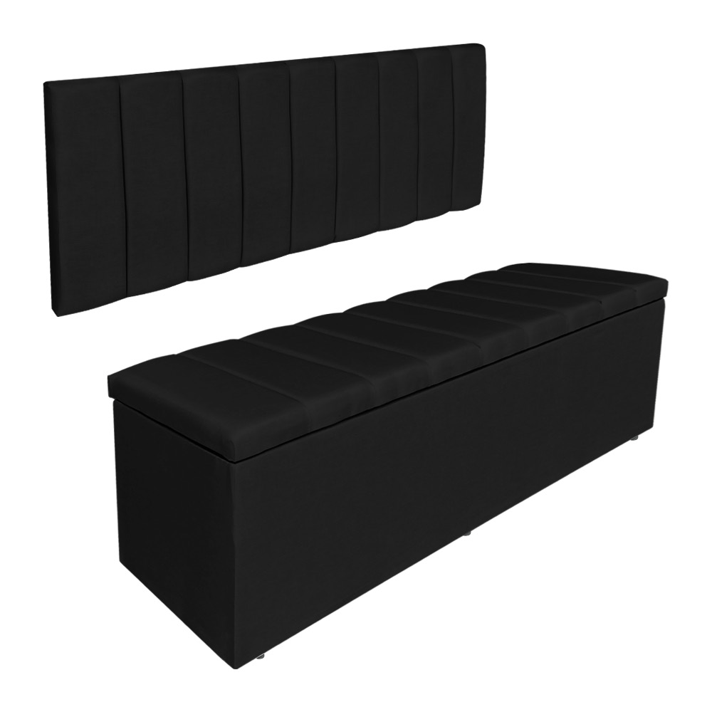 Kit Cabeceira Painel e Calçadeira Baú Casal 1,40m Londres Veludo Preto Dal Poz Estofados