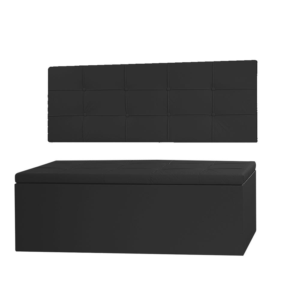 Kit Cabeceira Painel e Calçadeira Baú Casal 1,40m Roma Material Sintético Preto Dal Poz Estofados