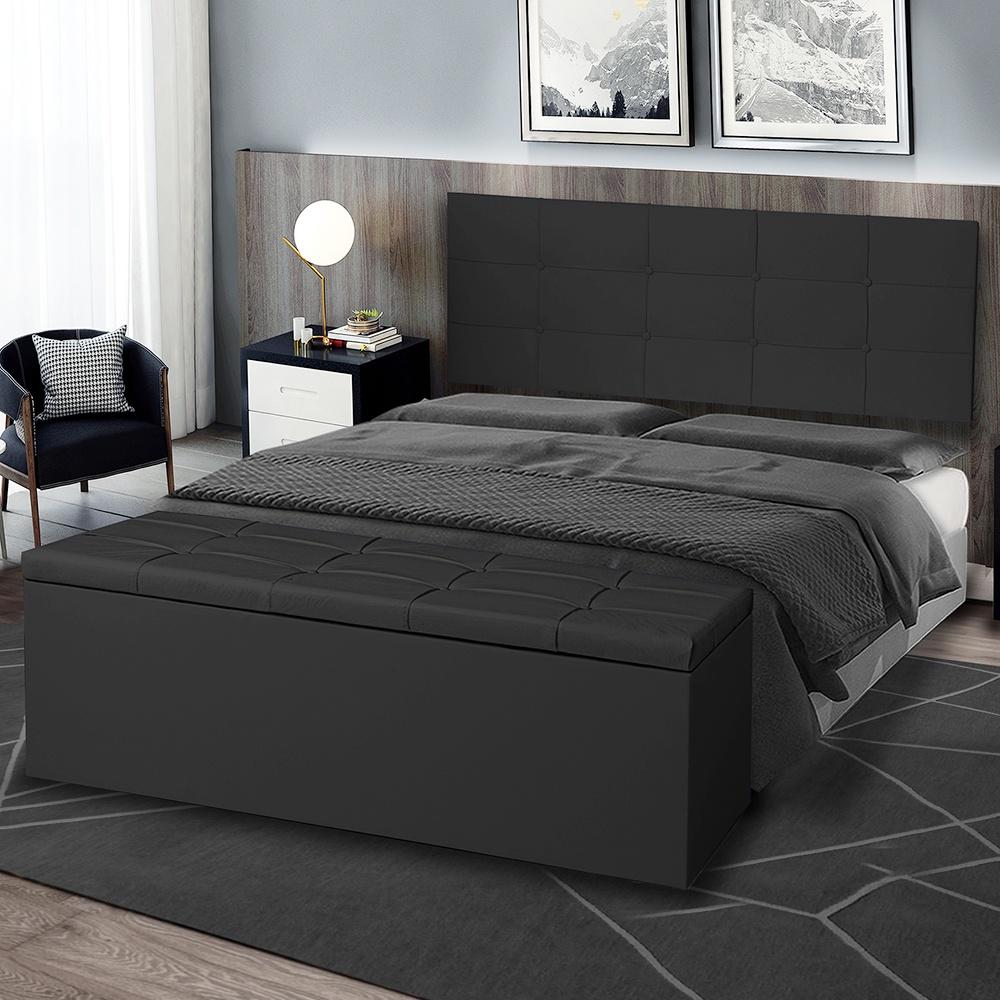 Kit Cabeceira Painel e Calçadeira Baú Casal 1,40m Roma Material Sintético Preto Dal Poz Estofados