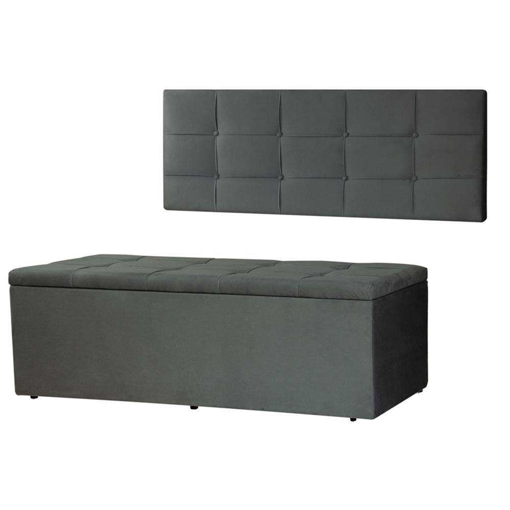 Kit Cabeceira Painel e Calçadeira Baú Casal 1,40m Roma Suede Cinza Dal Poz Estofados
