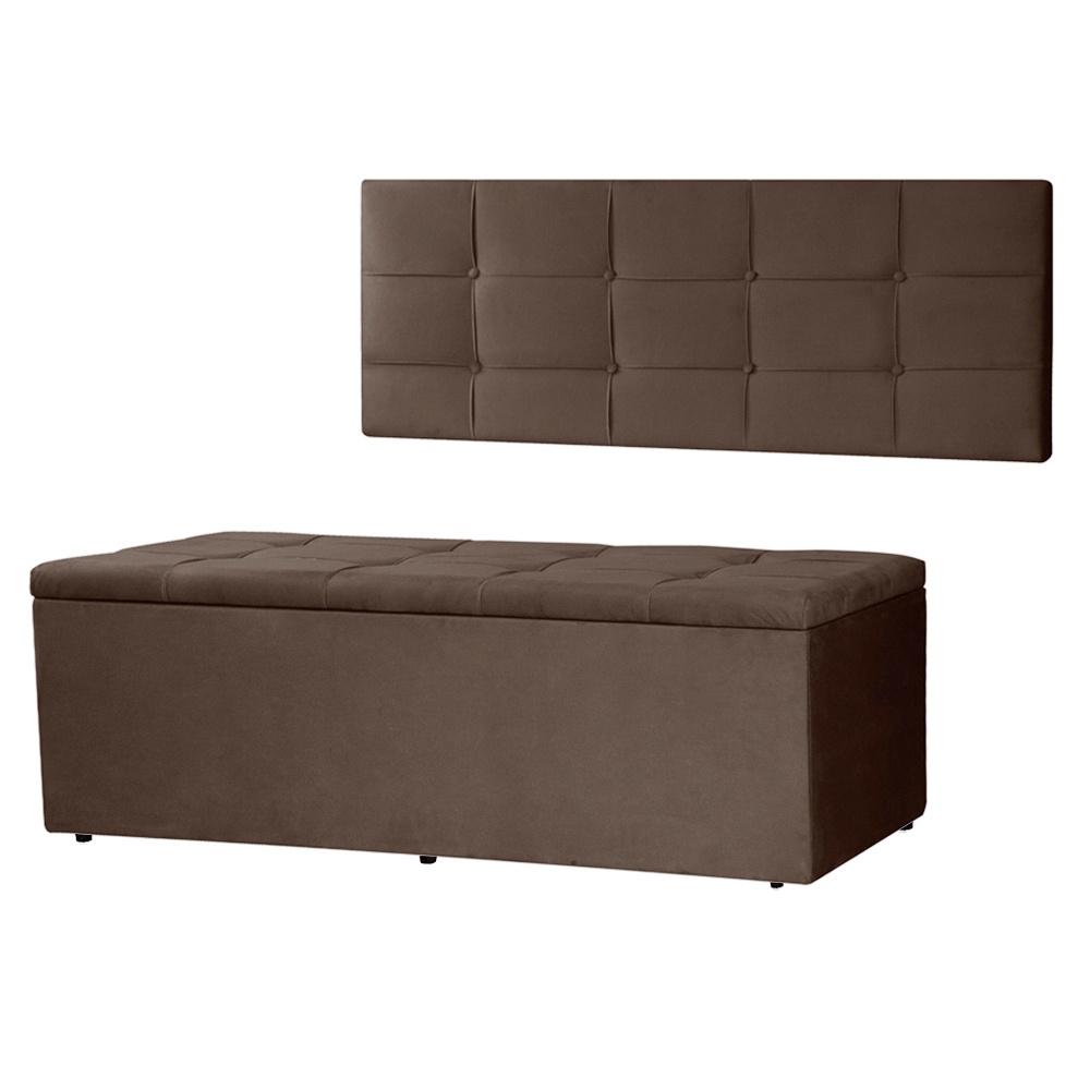 Kit Cabeceira Painel e Calçadeira Baú Casal 1,40m Roma Suede Marrom Dal Poz Estofados