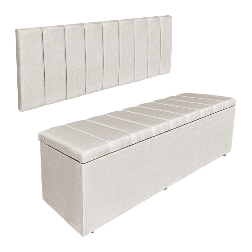 Kit Cabeceira Painel e Calçadeira Baú Casal King 1,95m Londres Linho Bege Dal Poz Estofados
