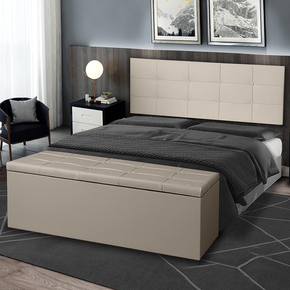 Kit Cabeceira Painel e Calçadeira Baú Casal King 1,95m Roma Material Sintético Bege Dal Poz Estofados