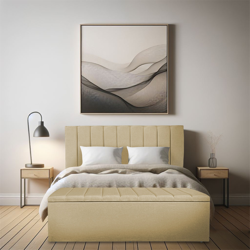 Kit Cabeceira Painel e Calçadeira Baú Casal Queen 1,60m Londres Linho Dourado Dal Poz Estofados