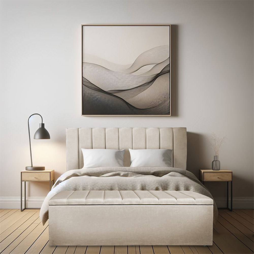 Kit Cabeceira Painel e Calçadeira Baú Casal Queen 1,60m Londres Suede Bege Dal Poz Estofados