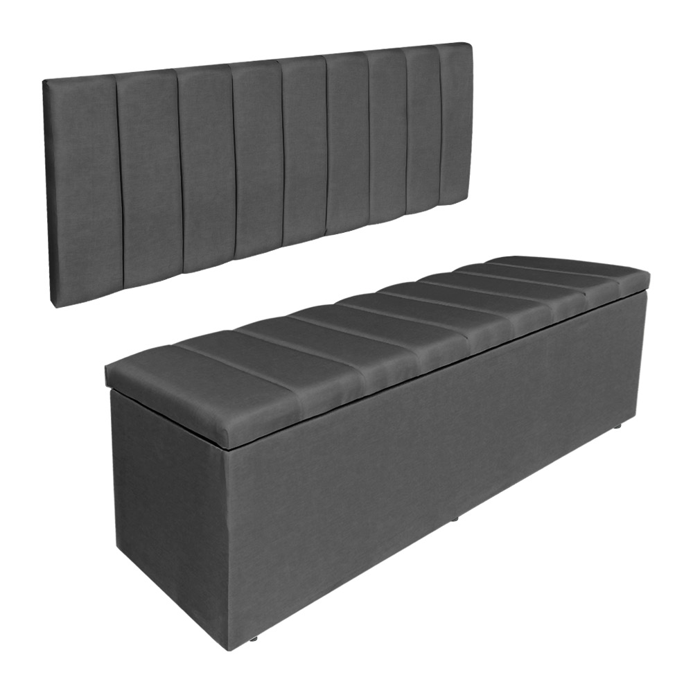 Kit Cabeceira Painel e Calçadeira Baú Casal Queen 1,60m Londres Suede Cinza Dal Poz Estofados