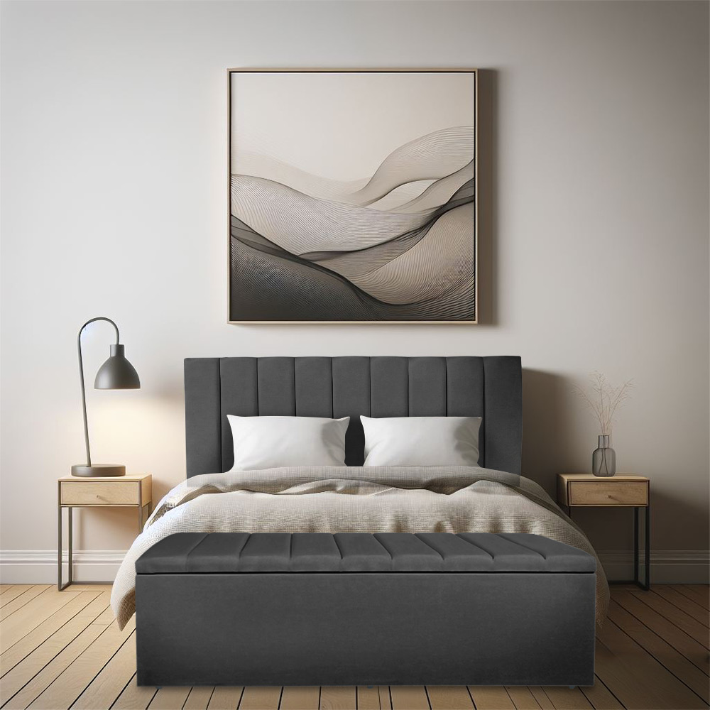 Kit Cabeceira Painel e Calçadeira Baú Casal Queen 1,60m Londres Suede Cinza Dal Poz Estofados