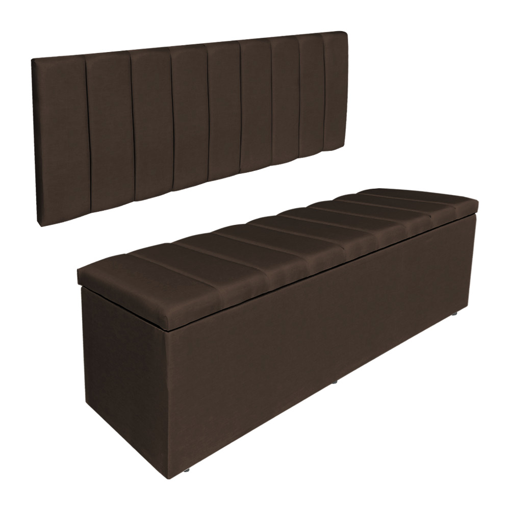 Kit Cabeceira Painel e Calçadeira Baú Casal Queen 1,60m Londres Veludo Marrom Dal Poz Estofados