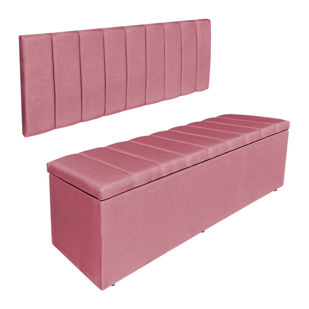 Kit Cabeceira Painel e Calçadeira Baú Casal Queen 1,60m Londres Veludo Rosa Dal Poz Estofados