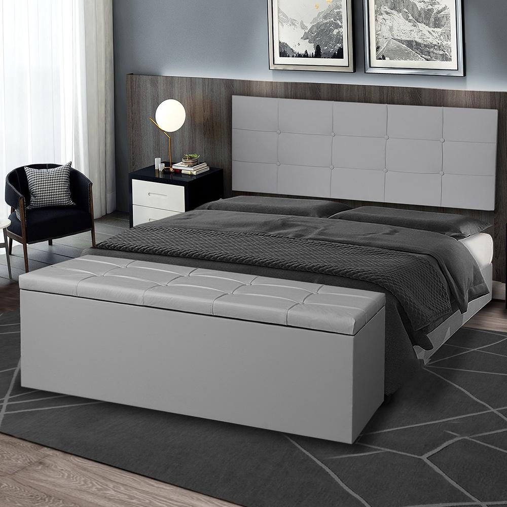 Kit Cabeceira Painel e Calçadeira Baú Casal Queen 1,60m Roma Material Sintético Cinza Dal Poz Estofados